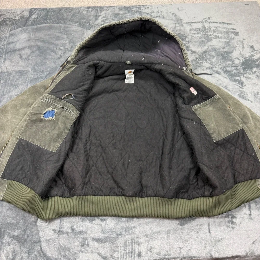 VTG Carhartt J130 MOS Fade Distressed Moss Green Jacket Mens XL Quilt Lined Hood